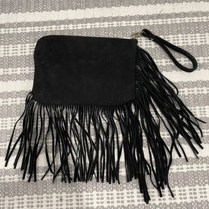 Fringe Black Suede & Leather Clutch/Wristlet
